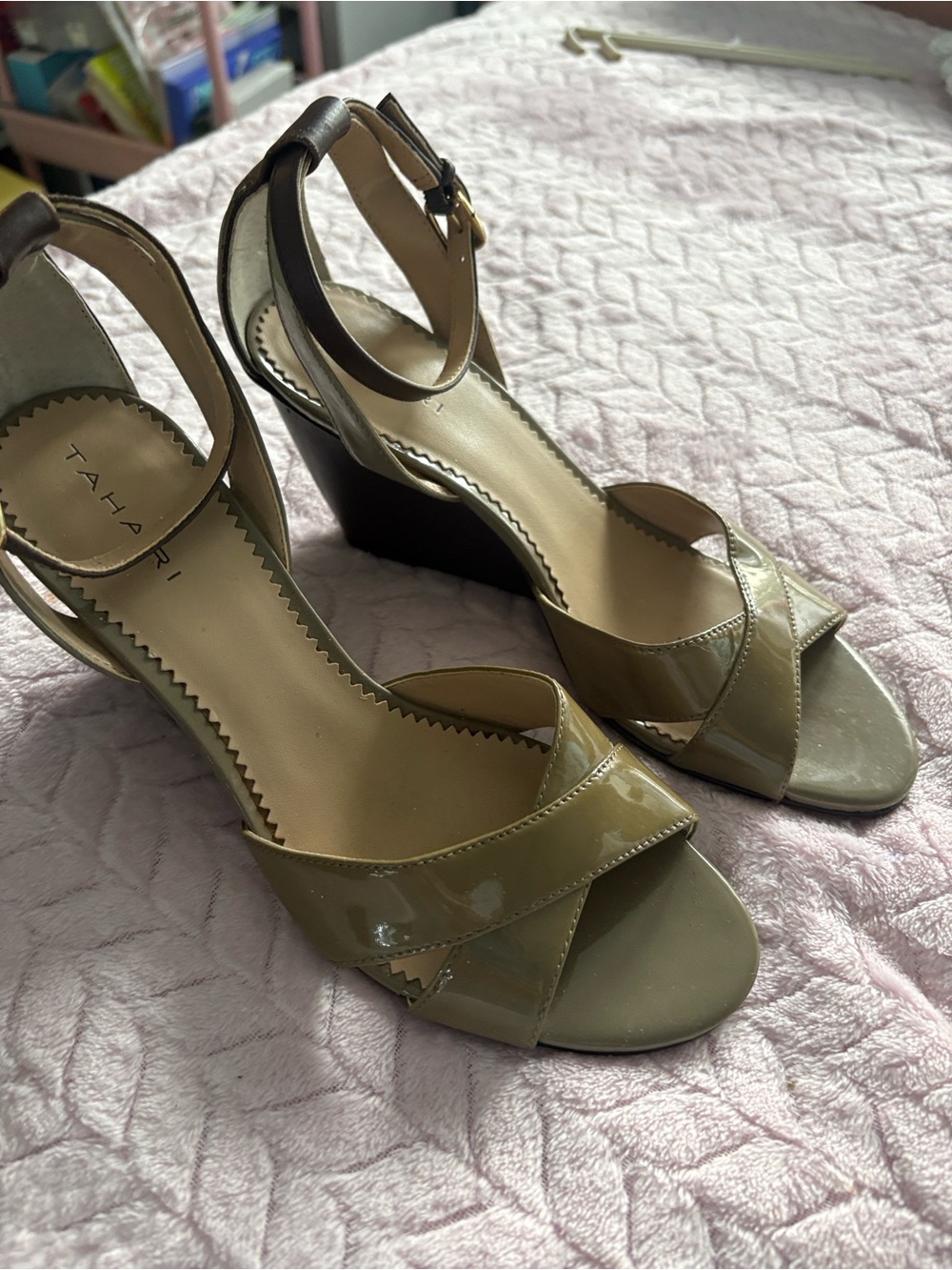 Tahari Olive Patent Ankle-Strap Wedge Sandals